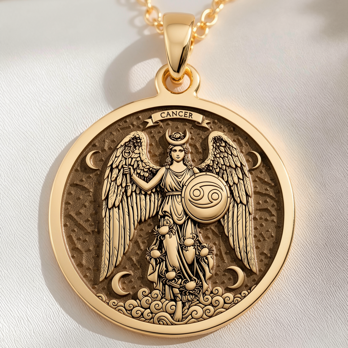 Cancer Zodiac Sign Necklace Pendants 14K 14K Gold Plated winged goddess pendant with crescent moons and clouds necklace