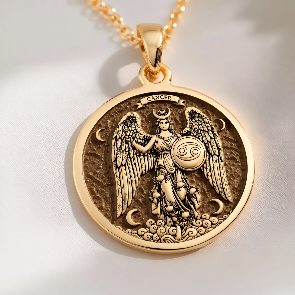 Cancer Zodiac Sign Necklace Pendants 14K 14K Gold Plated winged female figure pendant with zodiac symbol and clouds necklace