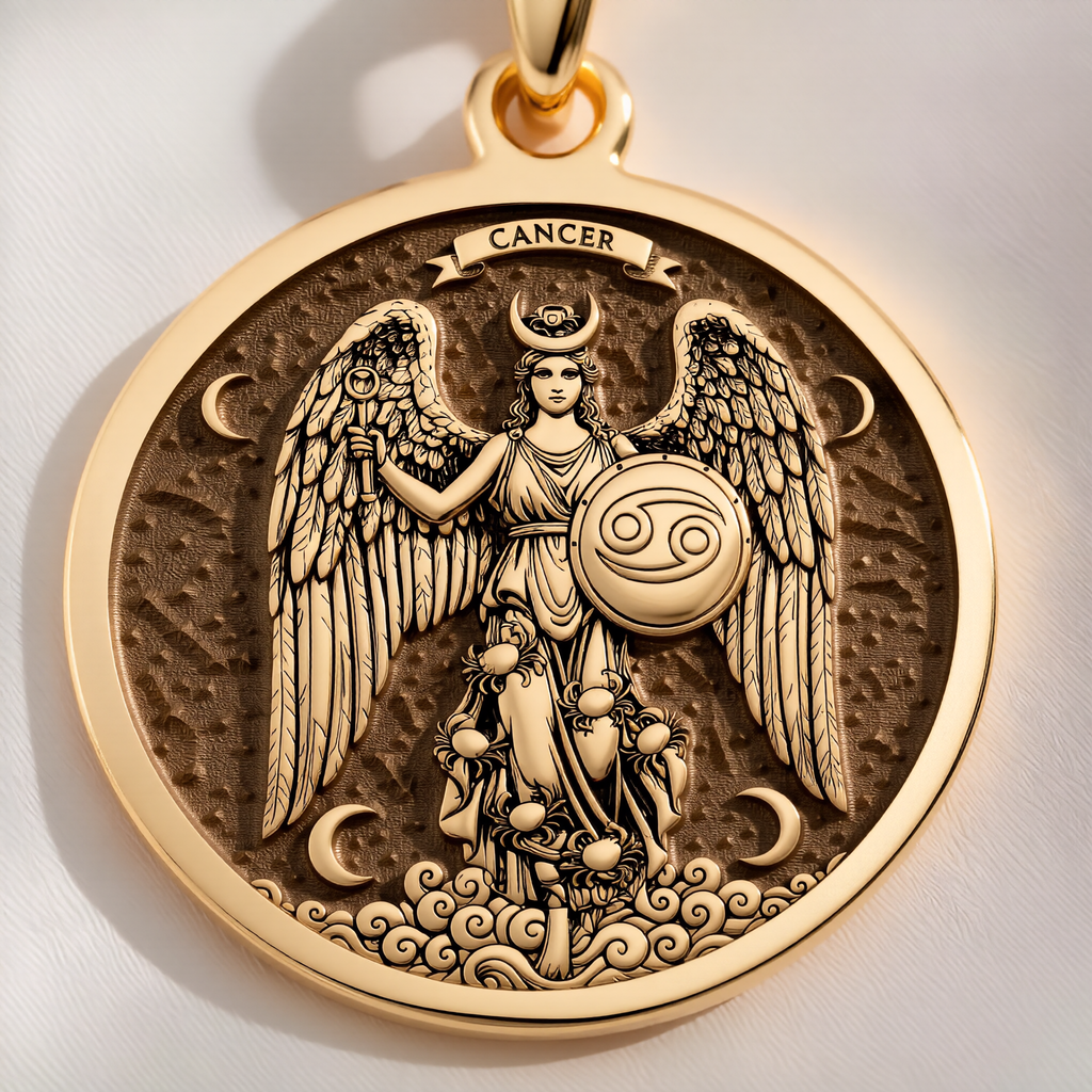 Cancer Zodiac Sign Necklace Pendants 14K 14K Gold Plated winged celestial figure pendant with crescent moons and clouds design.