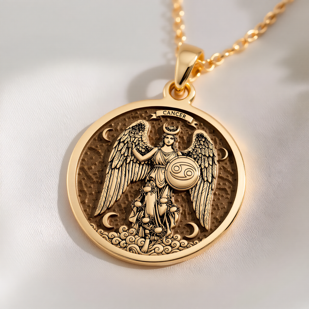 Cancer Zodiac Sign Necklace Pendants 14K 14K Gold Plated winged angel pendant necklace with celestial design and circular frame