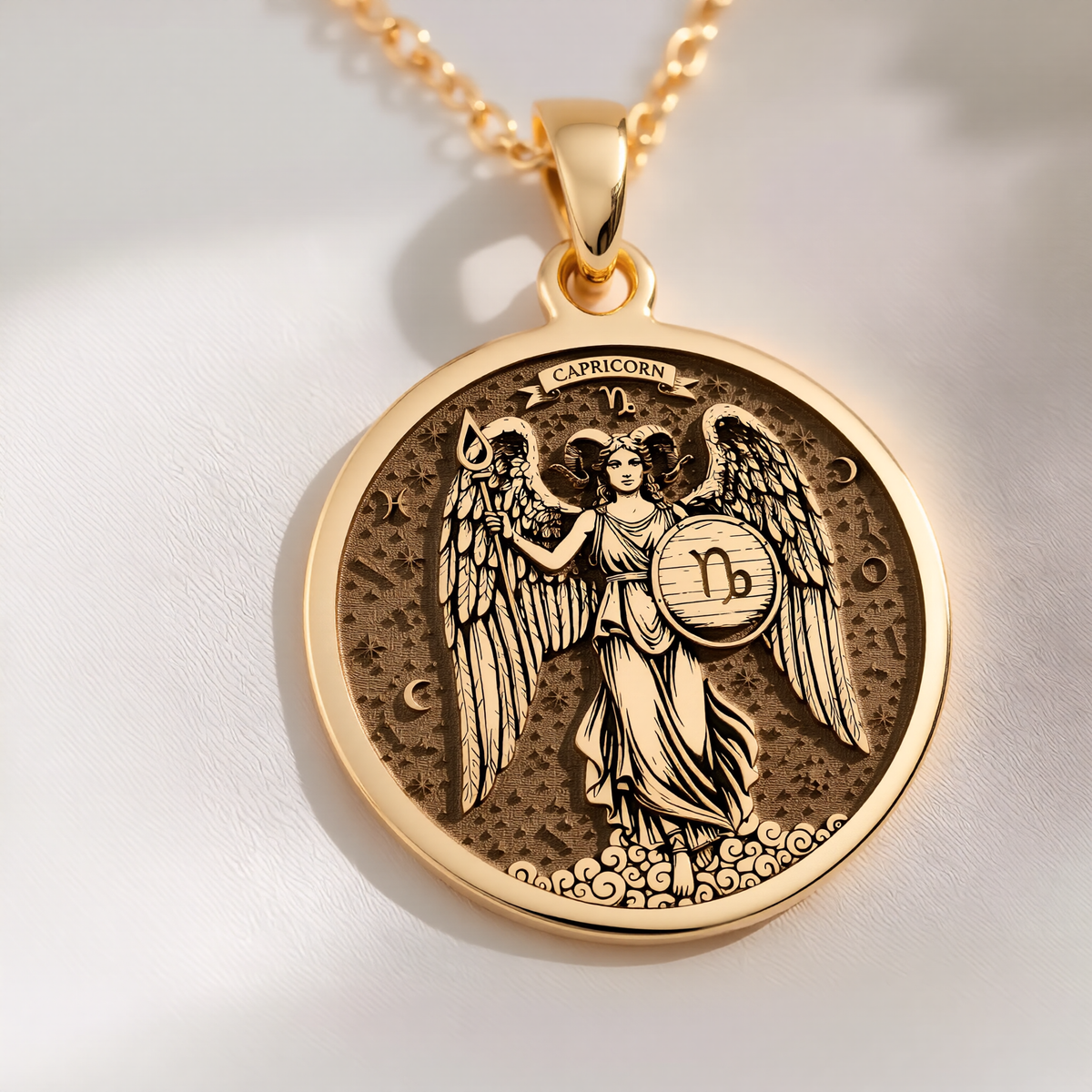 Capricorn Zodiac Medallion Necklace Pendants 14K 14K Gold Plated pendant necklace featuring an angel and Capricorn zodiac design.