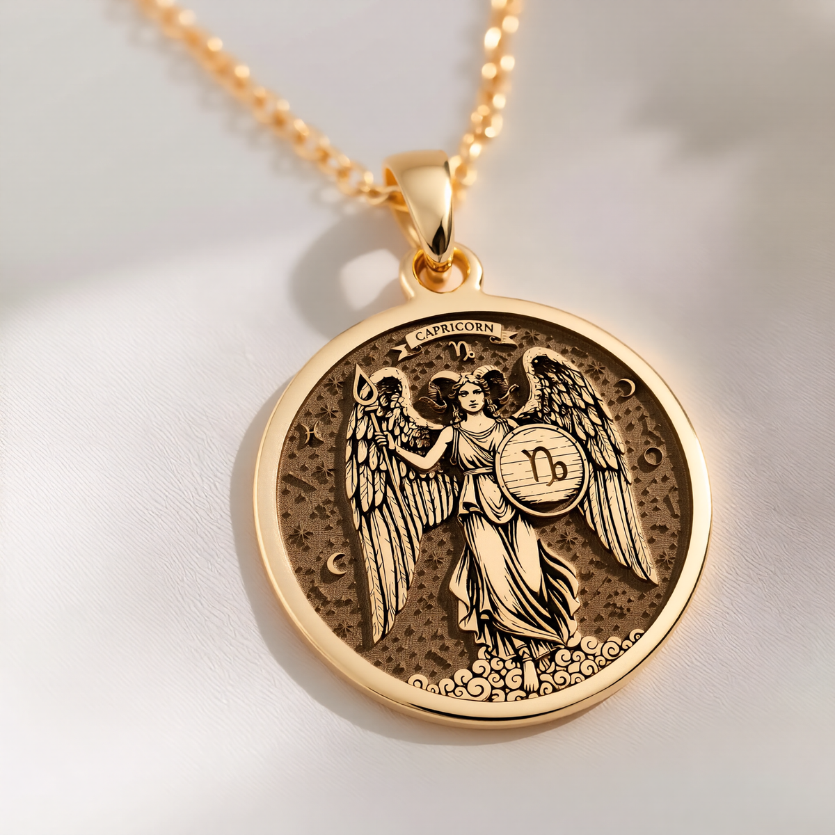 Capricorn Zodiac Medallion Necklace Pendants 14K 14K Gold Plated winged angel pendant with zodiac design and circular frame necklace
