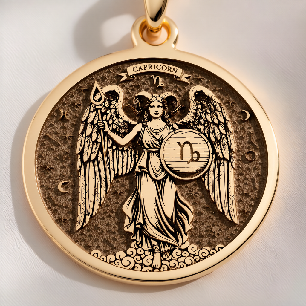 Capricorn Zodiac Medallion Necklace Pendants 14K 14K Gold Plated winged Capricorn pendant with detailed celestial design necklace