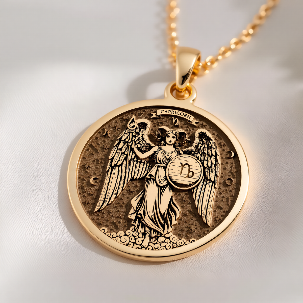 Capricorn Zodiac Medallion Necklace Pendants 14K 14K Gold Plated winged woman pendant with Capricorn zodiac symbol necklace