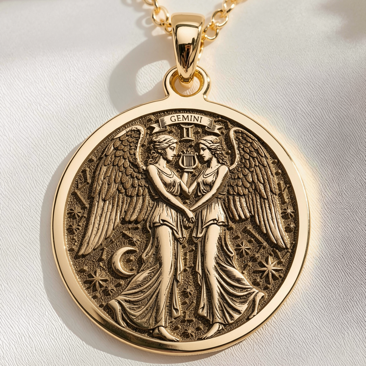 Gemini Zodiac Medallion Necklace Necklaces 14K 14K Gold Plated winged figures holding a vessel pendant with Gemini motif necklace