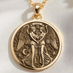 Gemini Zodiac Medallion Necklace Necklaces 14K 14K Gold Plated winged figures holding a vessel pendant with Gemini motif necklace