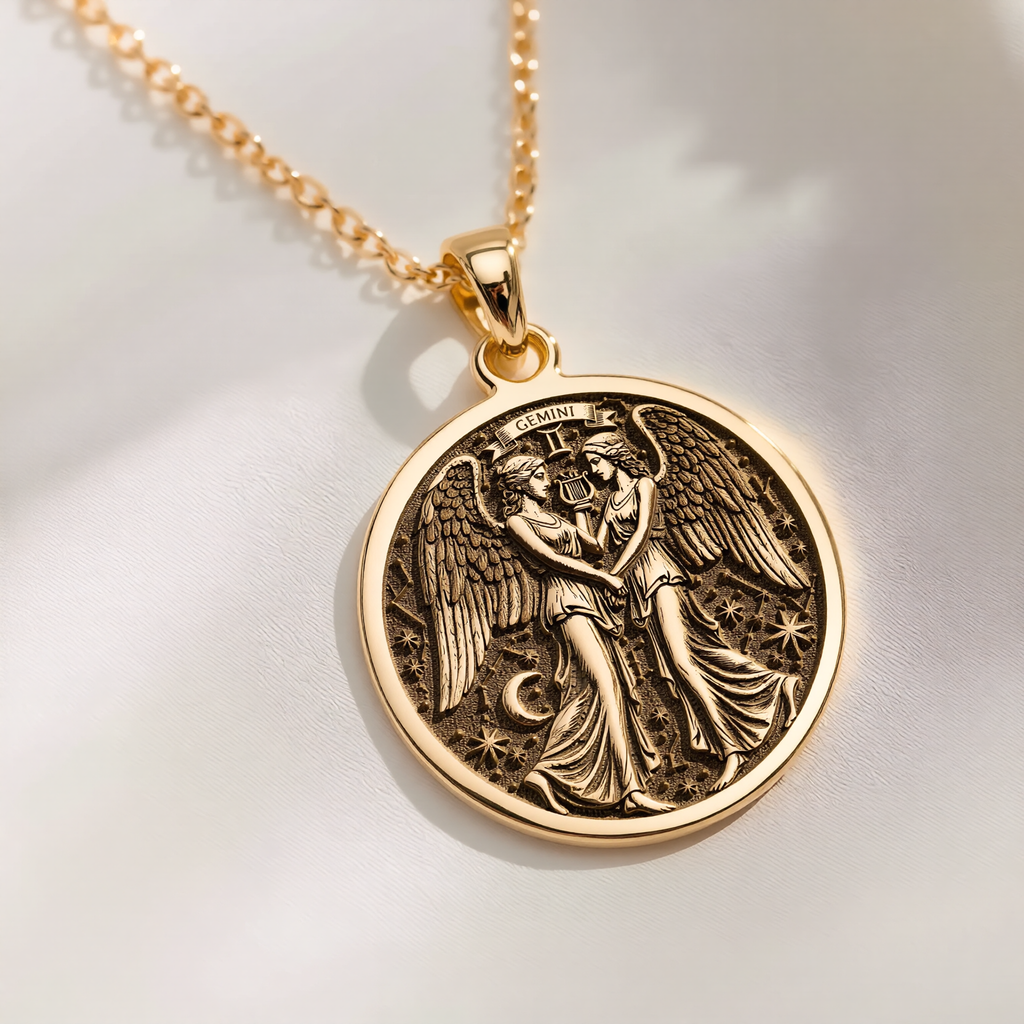 Gemini Zodiac Medallion Necklace Necklaces 14K 14K Gold Plated winged angel pendant with embracing figures and stars on a round disc necklace