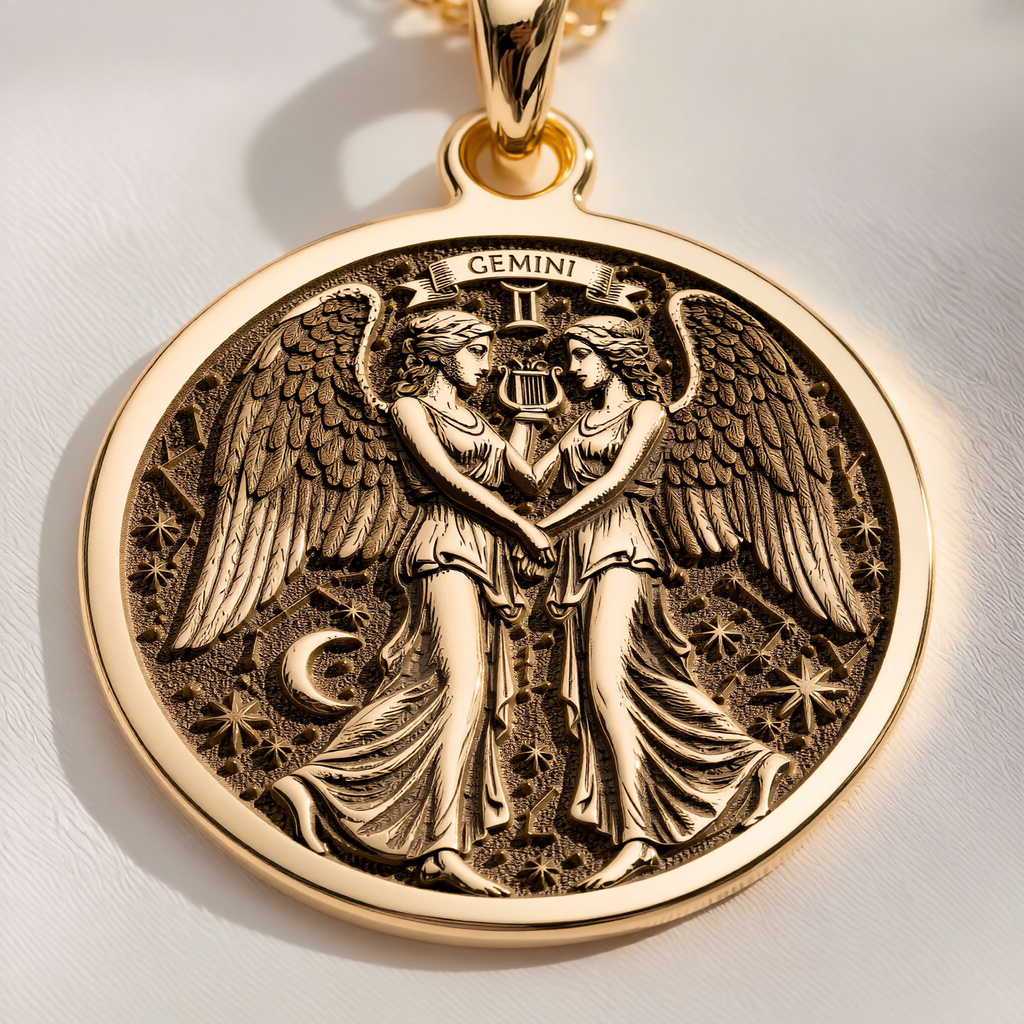Gemini Zodiac Medallion Necklace Necklaces 14K 14K Gold Plated pendant featuring winged figures holding a chalice and stars for a celestial design.