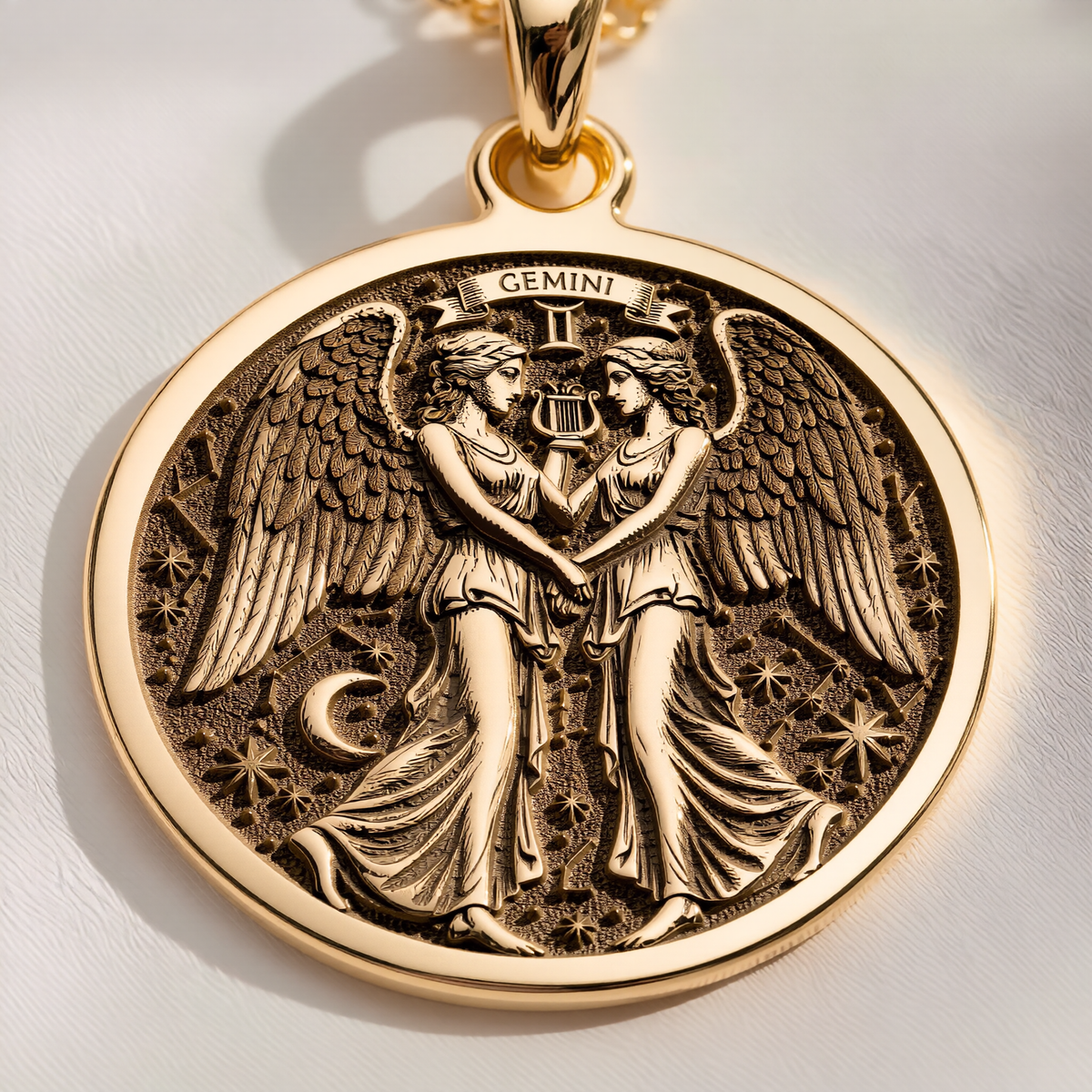 Gemini Zodiac Medallion Necklace Necklaces 14K 14K Gold Plated pendant featuring winged figures holding a chalice and stars for a celestial design.