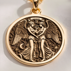 Gemini Zodiac Medallion Necklace Necklaces 14K 14K Gold Plated pendant featuring winged figures holding a chalice and stars for a celestial design.