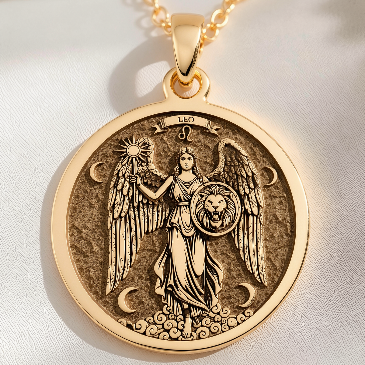Leo Zodiac Sign Pendant Necklaces 14K 14K Gold Plated pendant featuring a winged lion holding a sunburst and crescent moons for the Leo zodiac sign necklace