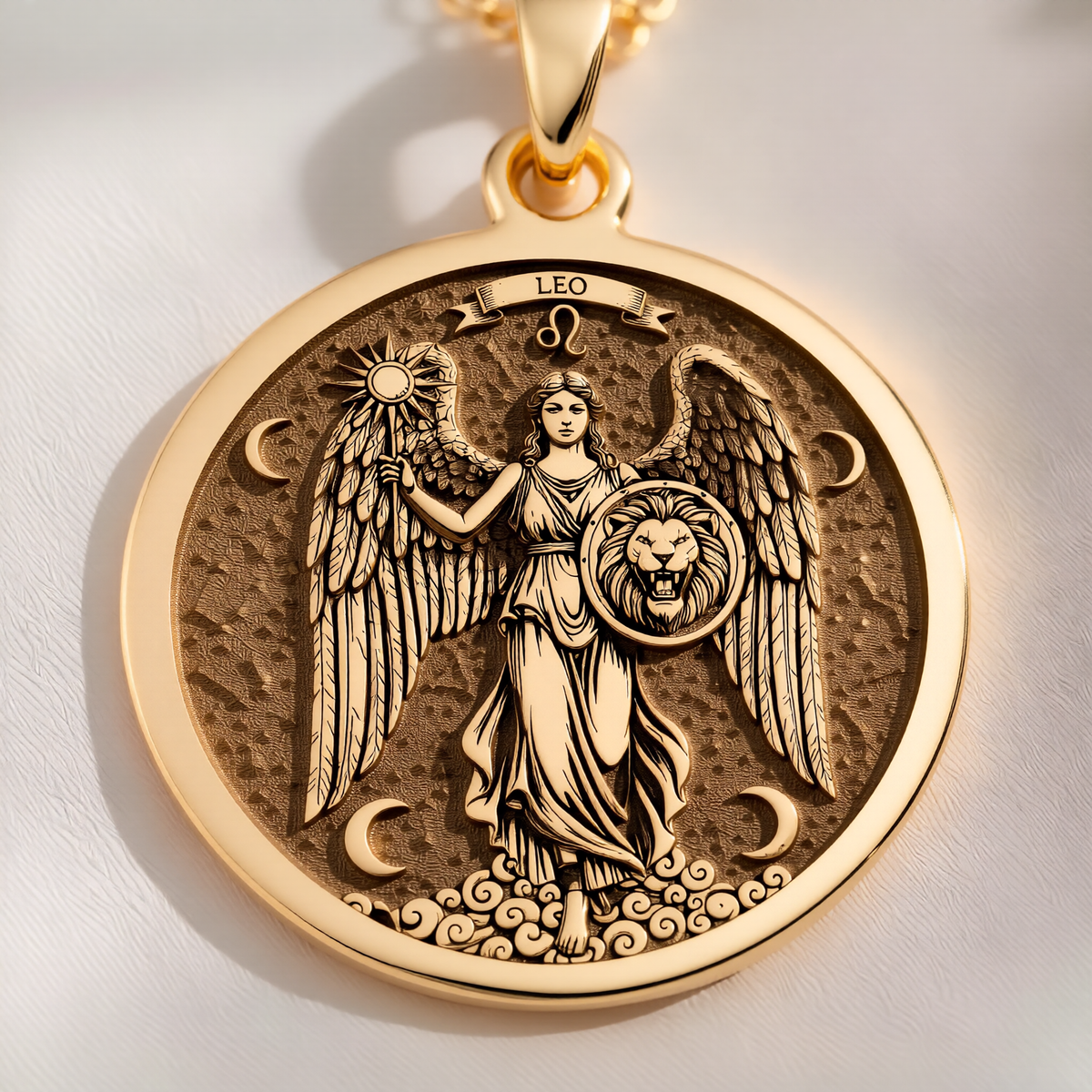 Leo Zodiac Sign Pendant Necklaces 14K 14K Gold Plated pendant featuring a winged lion head design with crescent moons and celestial patterns