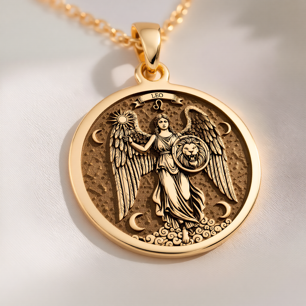 Leo Zodiac Sign Pendant Necklaces 14K 14K Gold Plated pendant necklace featuring a winged lion and crescent moon design.
