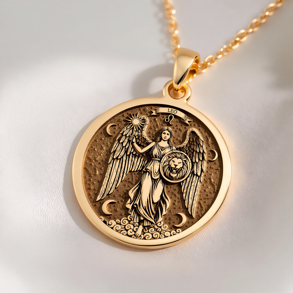 Leo Zodiac Sign Pendant Necklaces 14K 14K Gold Plated pendant featuring an angel with a lion's head design necklace