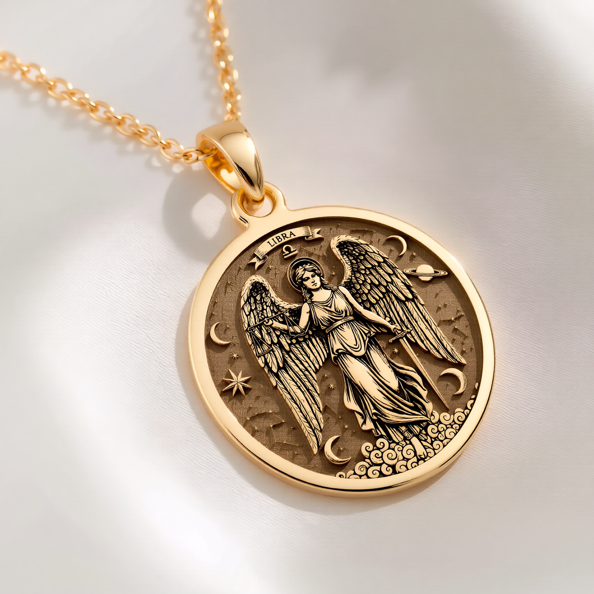 Libra Zodiac Guardian Angel Wings Necklace Necklaces 14K 14K Gold Plated winged angel pendant with celestial design and stars necklace