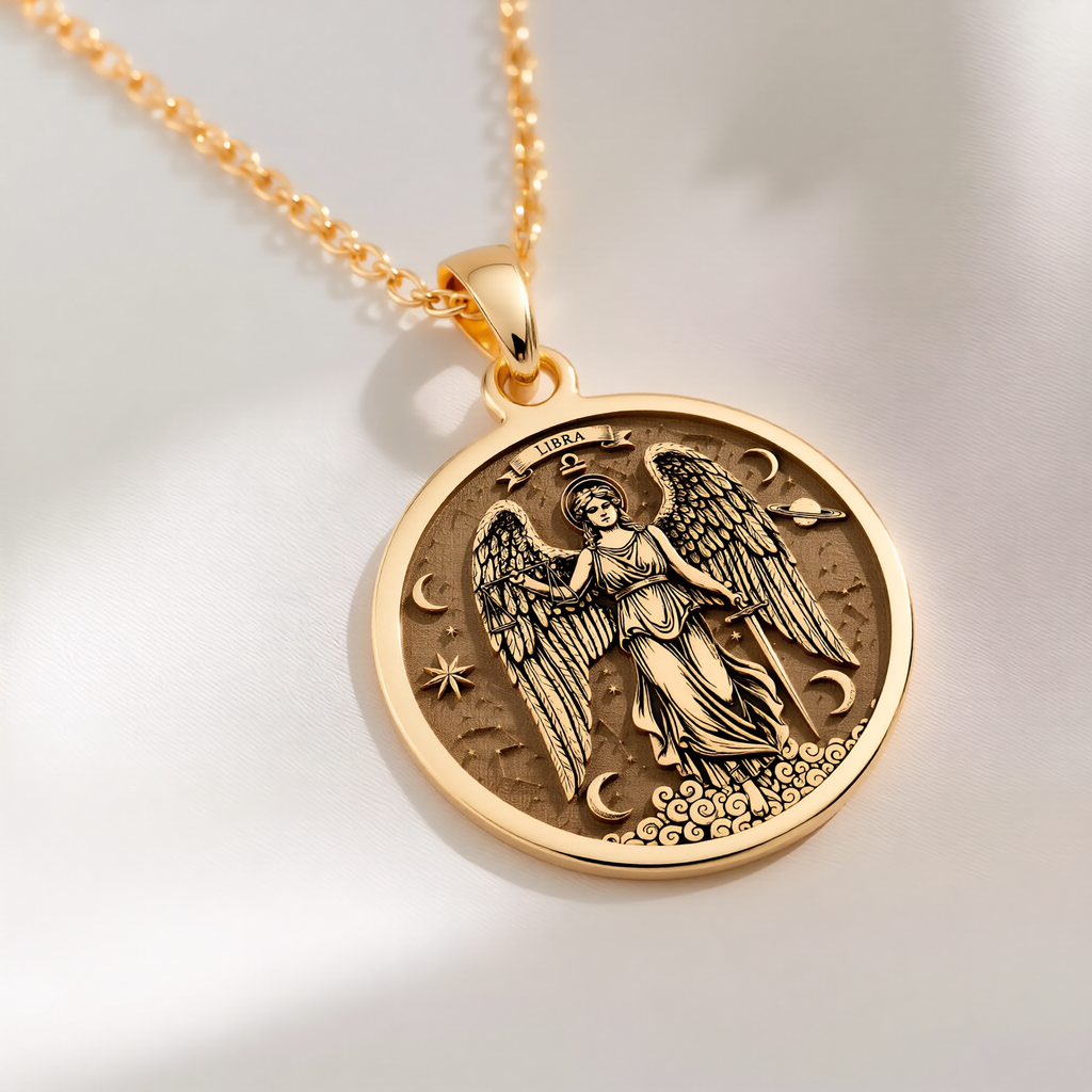 Libra Zodiac Necklace: with guardian angel angel wings astrology talisman - View 214