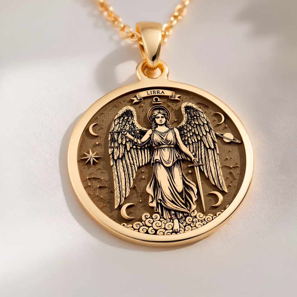 Libra Zodiac Guardian Angel Wings Necklace Necklaces 14K 14K Gold Plated angel pendant with wings and celestial symbols necklace