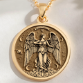 Front studio view of 14K solid yellow gold Sagittarius winged angel archer medallion pendant with celestial stars.