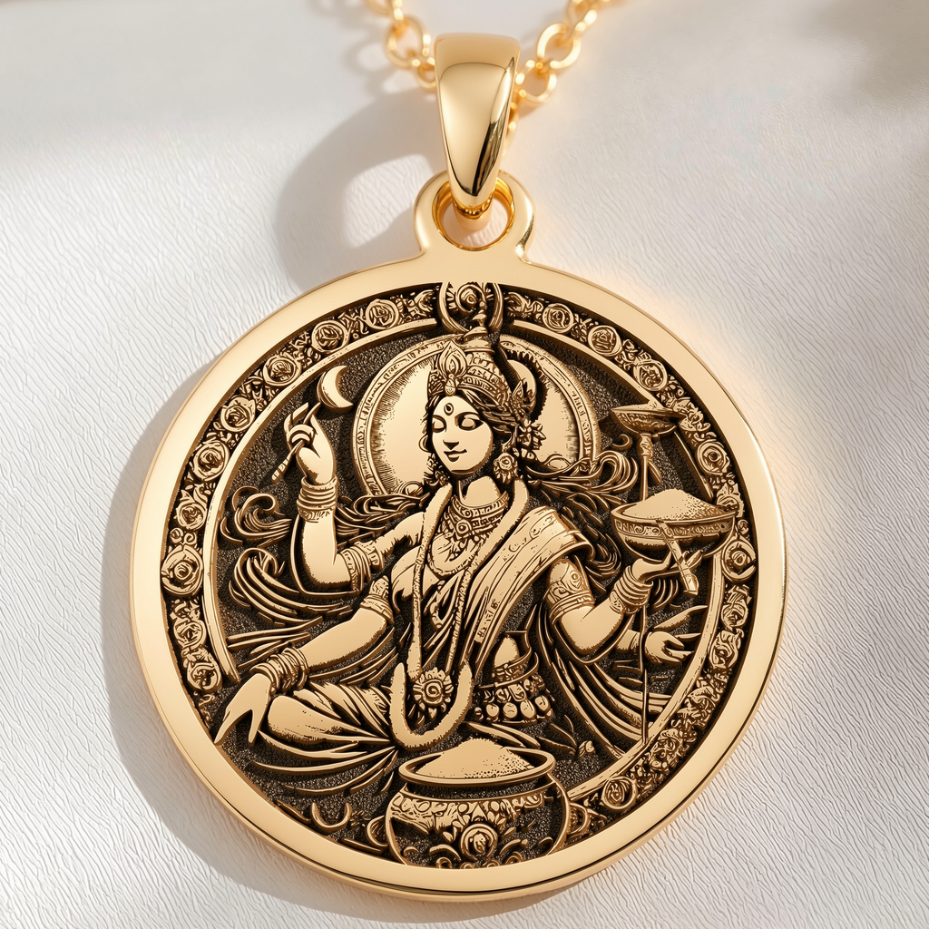 Devi Annapurna Goddess Pendant Necklace Necklaces 14K 14K Gold Plated round pendant featuring an ornate seated goddess figure design.
