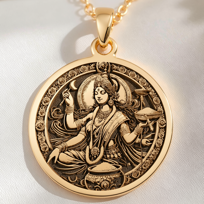 Devi Annapurna Goddess Pendant Necklace Necklaces 14K 14K Gold Plated round pendant featuring an ornate seated goddess figure design.
