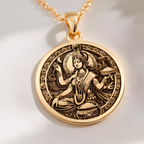 Devi Annapurna Goddess Pendant Necklace Necklaces 14K 14K Gold Plated pendant necklace featuring an ornate seated goddess design on a round disc.
