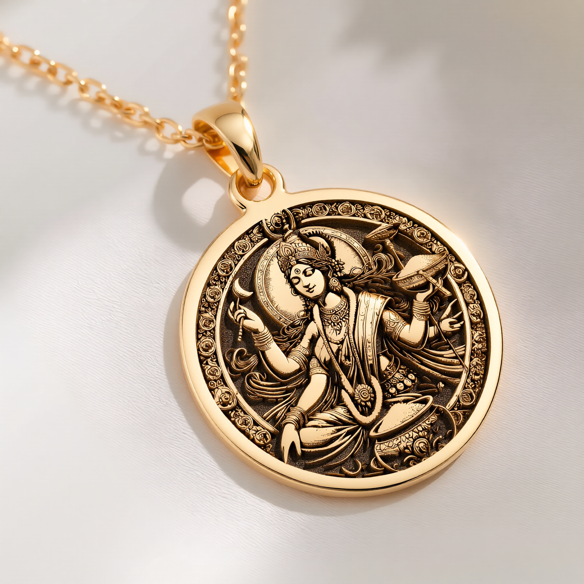 Devi Annapurna Goddess Pendant Necklace Necklaces 14K 14K Gold Plated round pendant featuring a detailed classical goddess design necklace
