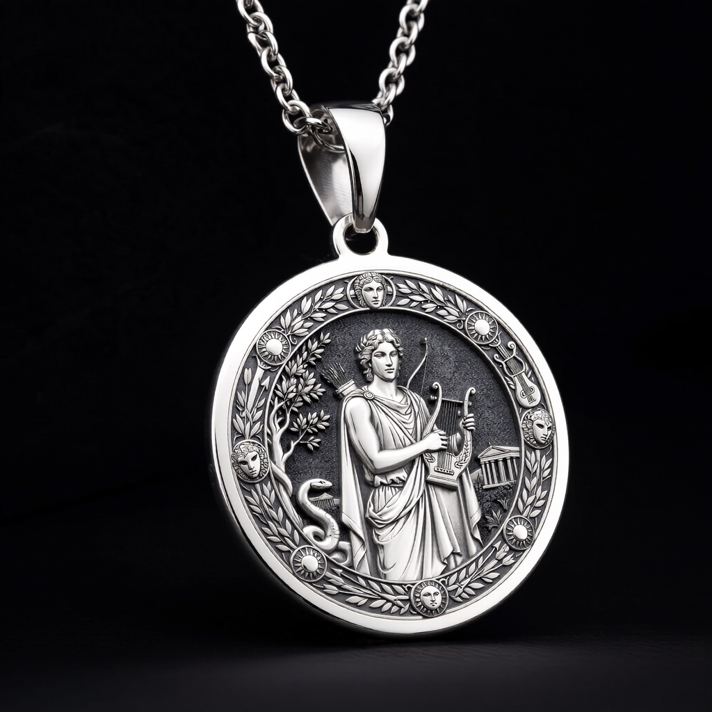 Silver Apollo God of Sun Music Pendant Medallion Pendant Necklace, intricately engraved symbolic talisman jewelry
