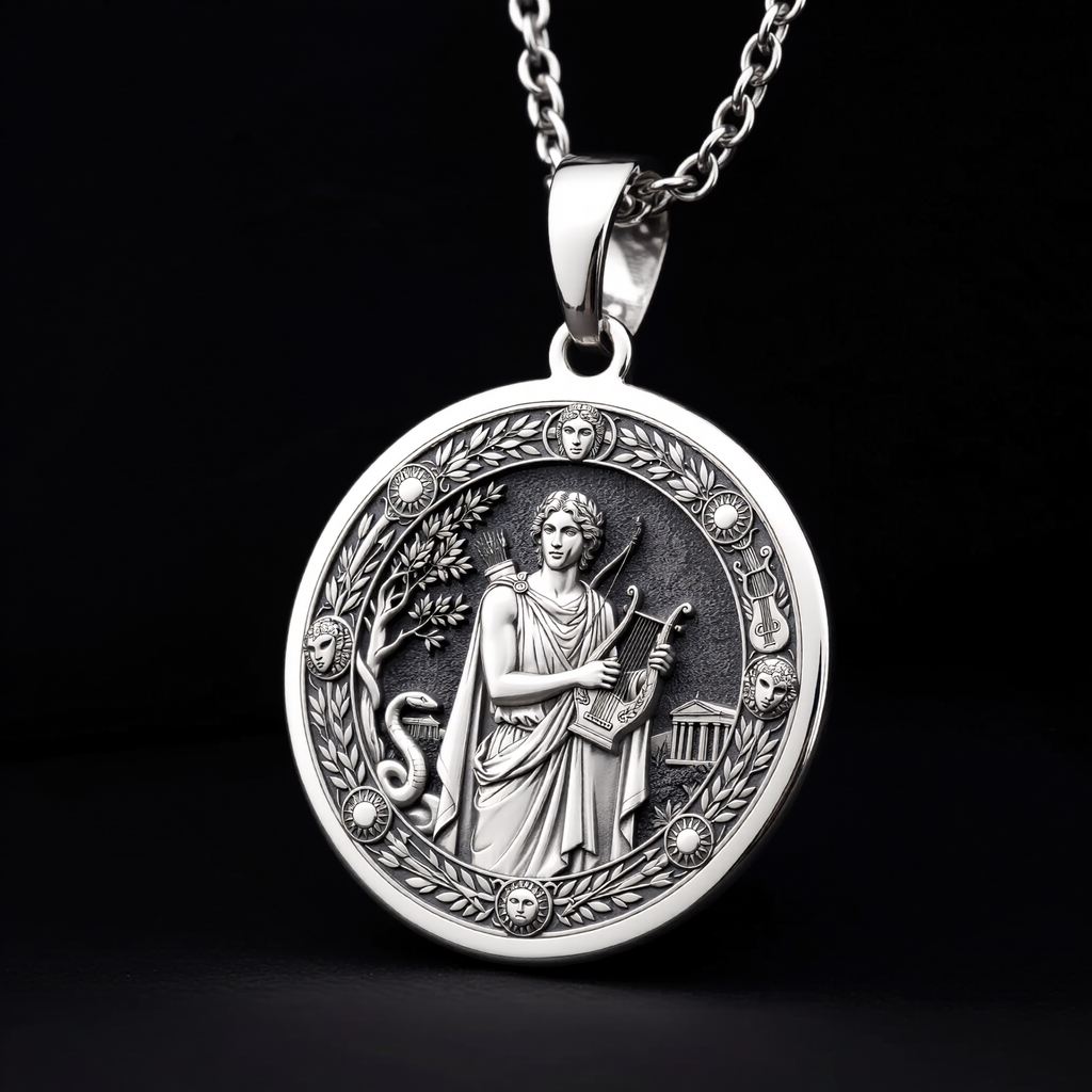Silver Apollo God of Sun Music Pendant Medallion Pendant Necklace, intricately engraved symbolic talisman jewelry