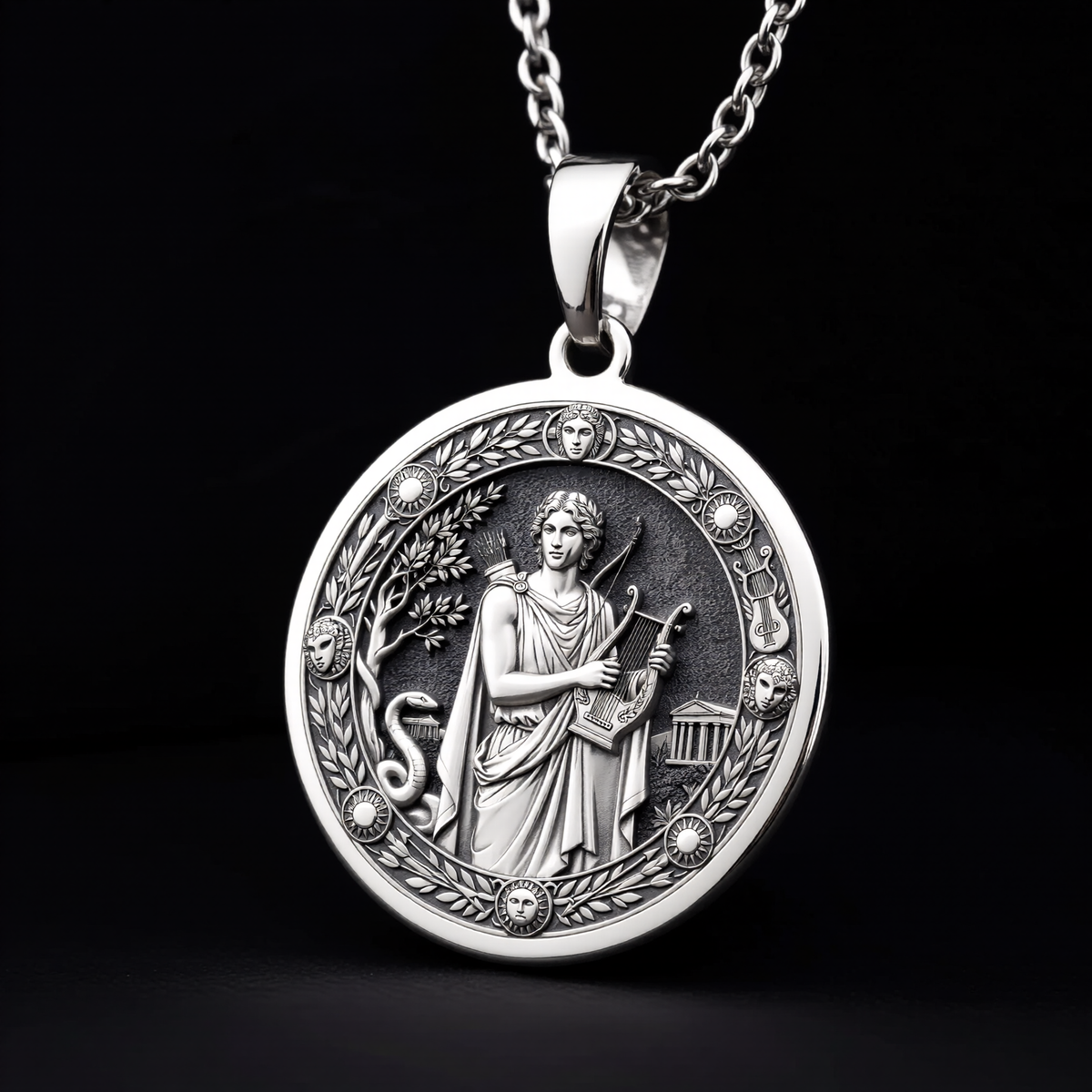 Silver Apollo God of Sun Music Pendant Medallion Pendant Necklace, intricately engraved symbolic talisman jewelry