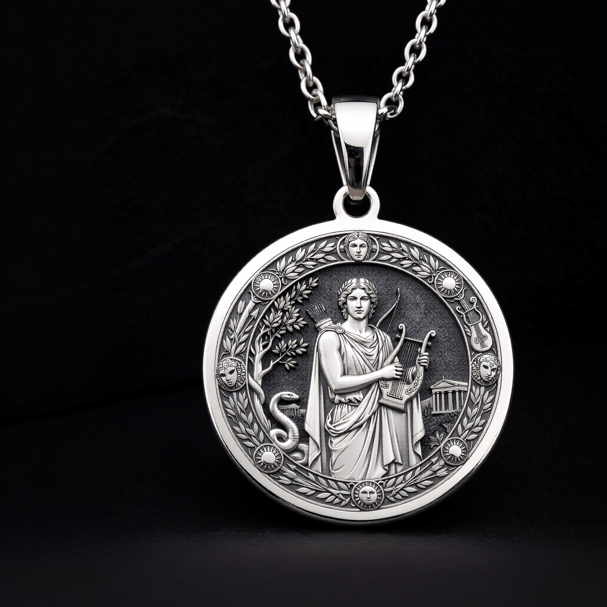 Silver Apollo God of Sun Music Pendant Medallion Pendant Necklace, intricately engraved symbolic talisman jewelry