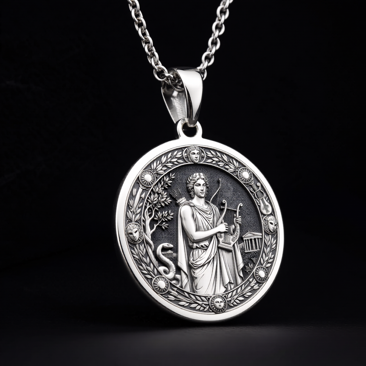 Silver Apollo God of Sun Music Pendant Medallion Pendant Necklace, intricately engraved symbolic talisman jewelry