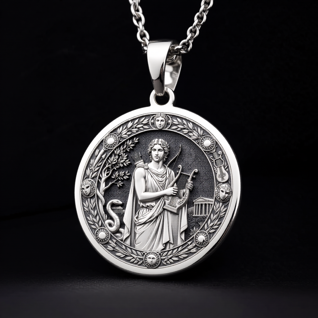 Silver Apollo God of Sun Music Pendant Medallion Pendant Necklace, intricately engraved symbolic talisman jewelry