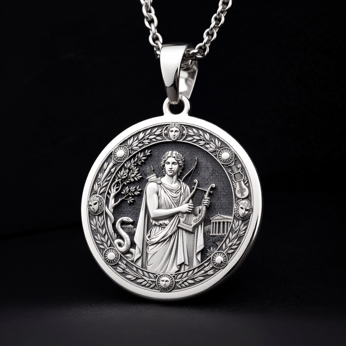 Silver Apollo God of Sun Music Pendant Medallion Pendant Necklace, intricately engraved symbolic talisman jewelry