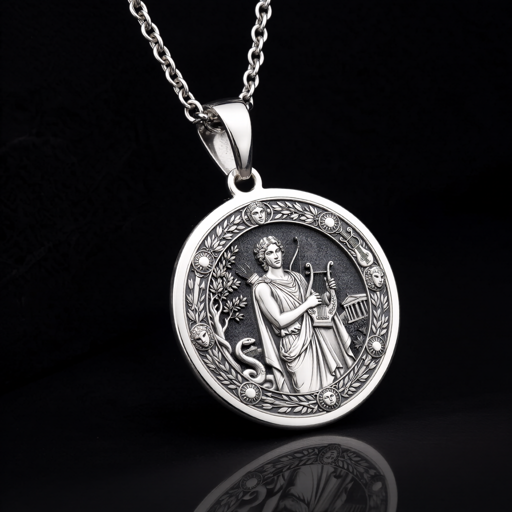 Silver Apollo God of Sun Music Pendant Medallion Pendant Necklace, intricately engraved symbolic talisman jewelry