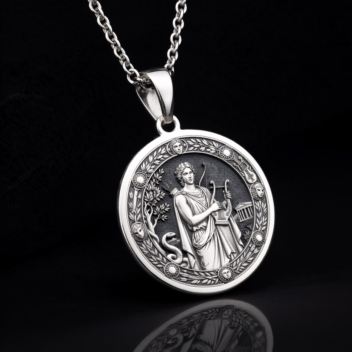 Silver Apollo God of Sun Music Pendant Medallion Pendant Necklace, intricately engraved symbolic talisman jewelry