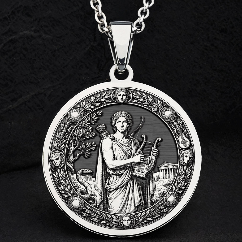 Silver Apollo God of Sun Music Pendant Medallion Pendant Necklace, intricately engraved symbolic talisman jewelry