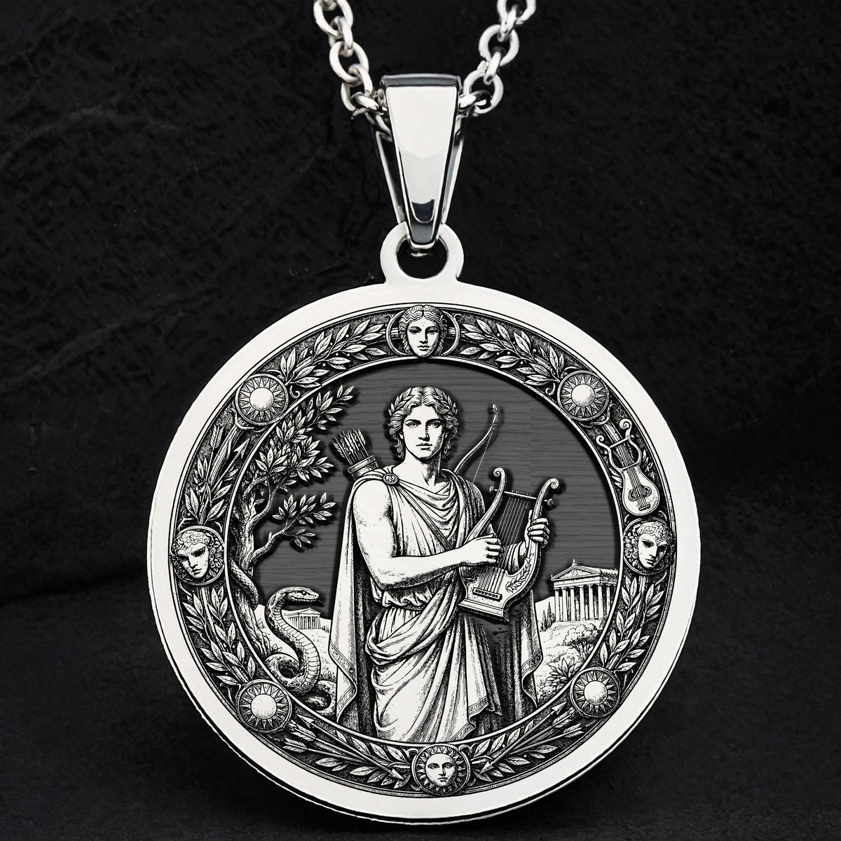 Silver Apollo God of Sun Music Pendant Medallion Pendant Necklace, intricately engraved symbolic talisman jewelry