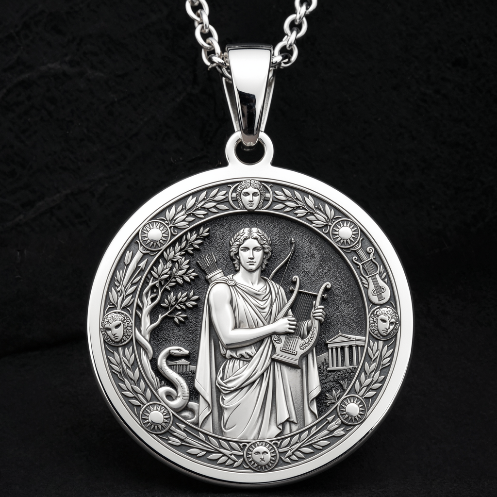 Silver Apollo God of Sun Music Pendant Medallion Pendant Necklace, intricately engraved symbolic talisman jewelry