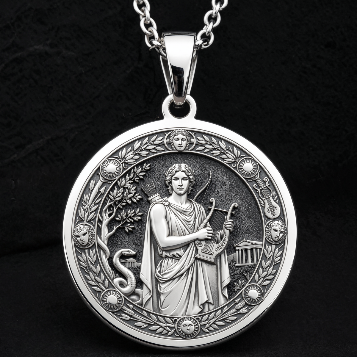 Silver Apollo God of Sun Music Pendant Medallion Pendant Necklace, intricately engraved symbolic talisman jewelry