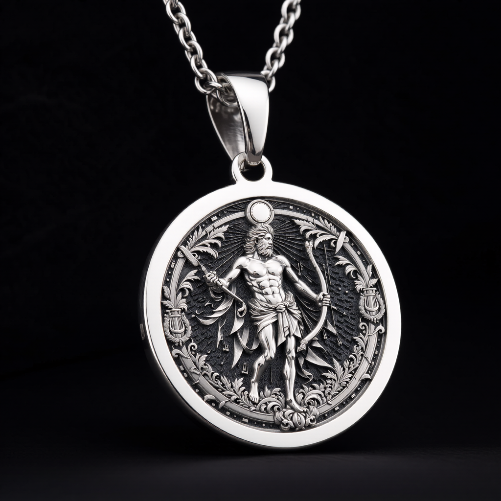 Apollo Music God Greek Myth Pendant — Solid 925 Sterling Silver artisan medallion view