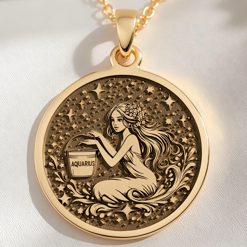 Aquarius Water Bearer Necklace Pendants 14K 14K Gold Plated pendant featuring a woman holding flowers and the Aquarius zodiac sign design.