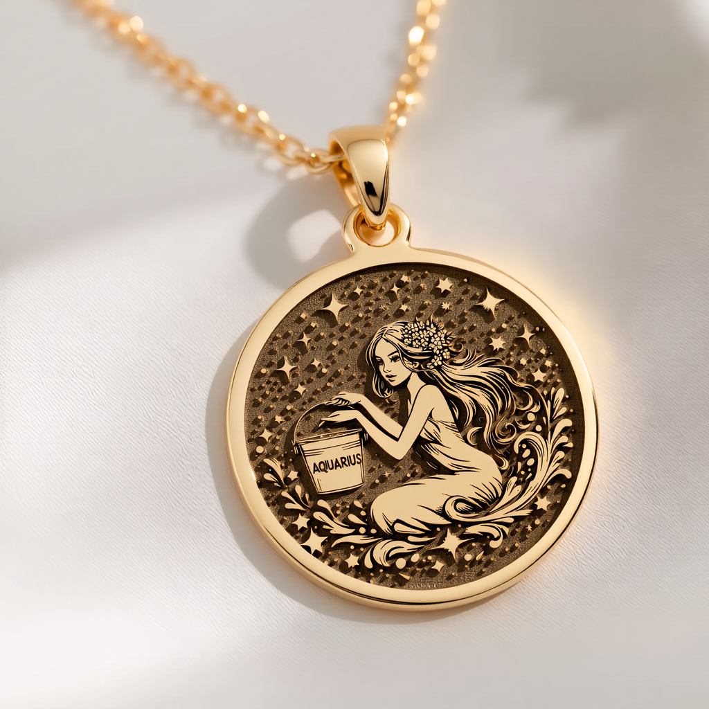 Aquarius Water Bearer Necklace Pendants 14K 14K Gold Plated round pendant featuring a celestial Aquarius woman design with stars and foliage.