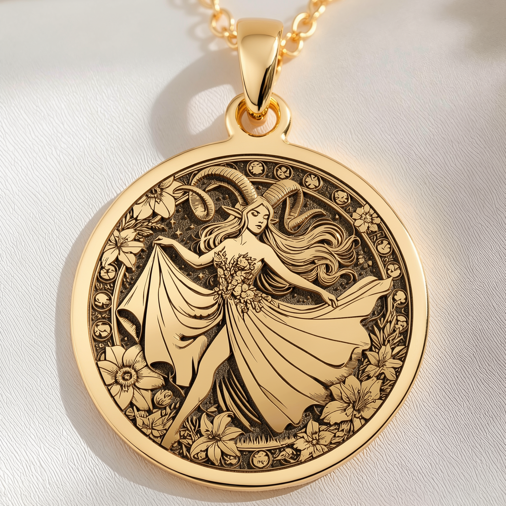 Aries Zodiac Astrological Sign Necklace Pendants 14K 14K Gold Plated pendant featuring a draped female figure surrounded by a floral wreath on a round disc.