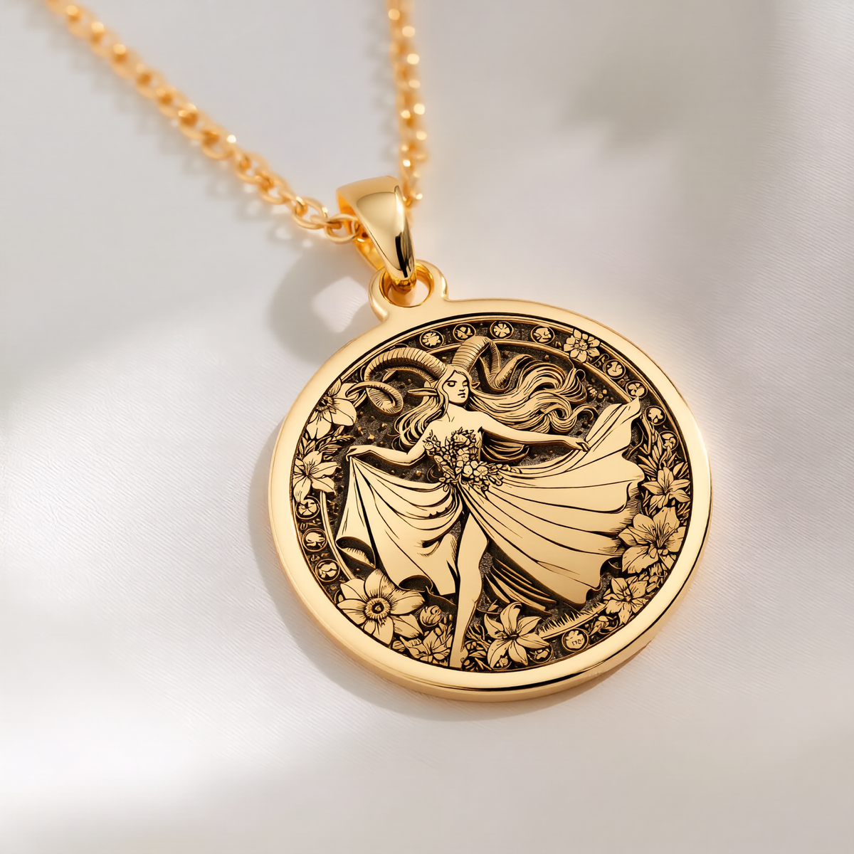 Aries Zodiac Astrological Sign Necklace Pendants 14K 14K Gold Plated pendant necklace featuring a classical draped female figure with floral wreath design.