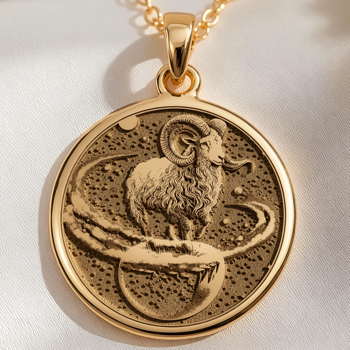 Aries Zodiac Necklace Pendants 14K 14K Gold Plated pendant necklace featuring a lion on a globe with a crescent moon design.
