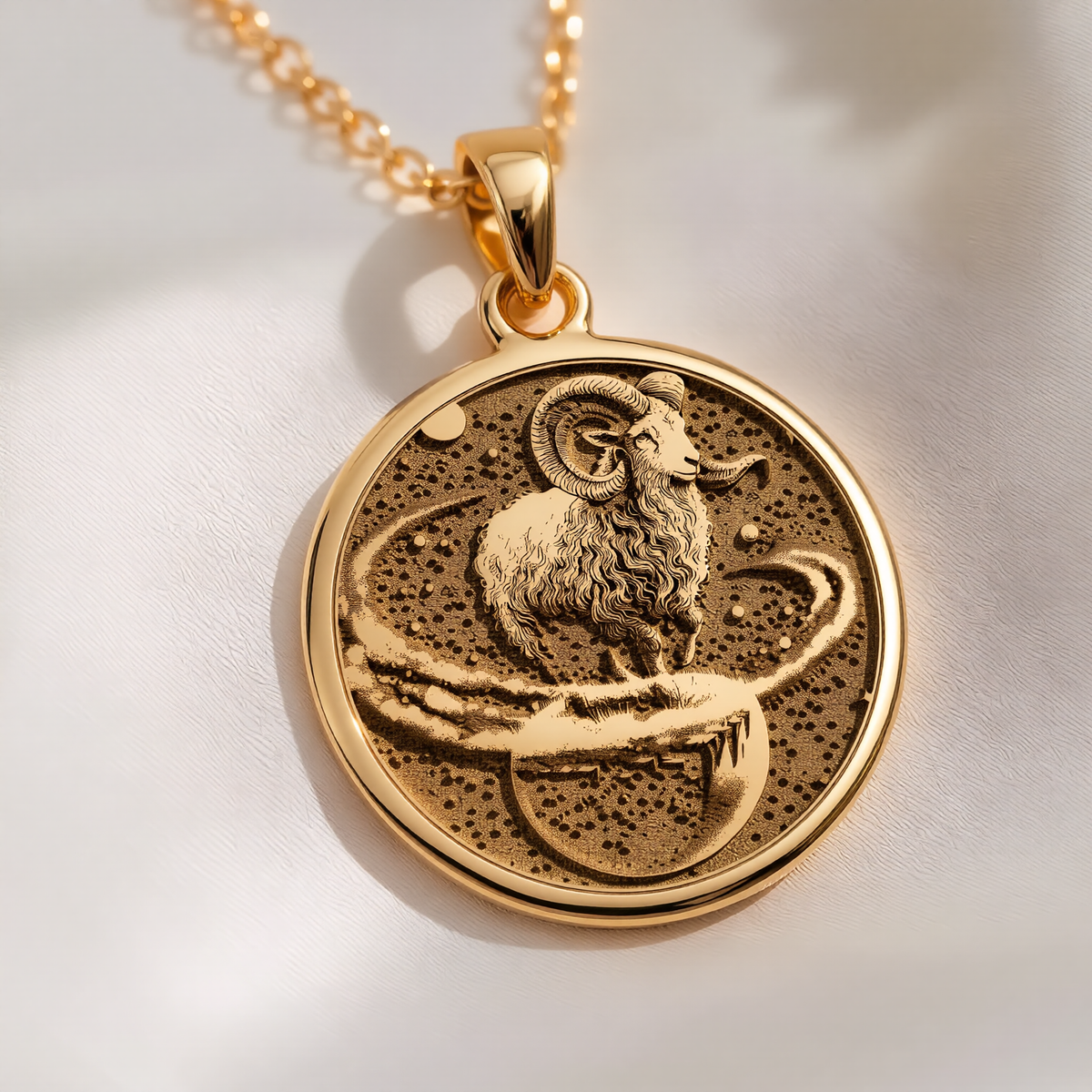 Aries Zodiac Necklace Pendants 14K 14K Gold Plated pendant necklace featuring a round ram with horns design.