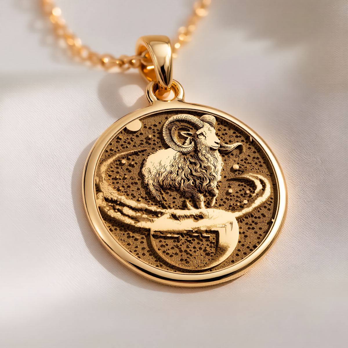 Aries Zodiac Necklace Pendants 14K 14K Gold Plated pendant necklace featuring a stylized ram design on a circular disc.