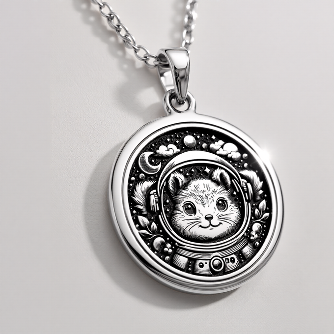 Silver pendant showcasing a detailed illustration of a cat in a space helmet motif. The design features surrounding cosmic details and is presented on a silver chain.