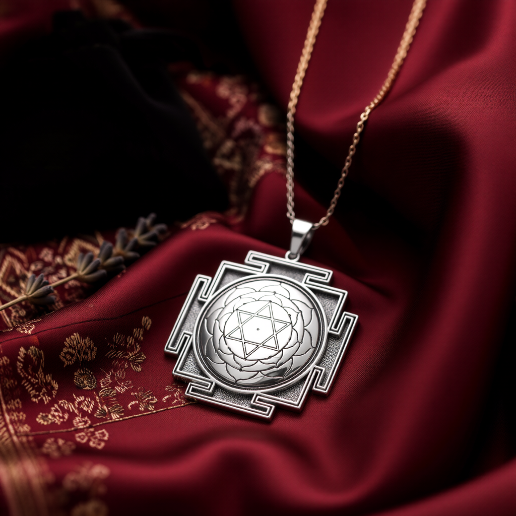 Sterling silver Bhuvaneshwari Yantra Pendant: square  of Hindu goddess Bhuvaneshwari wi...