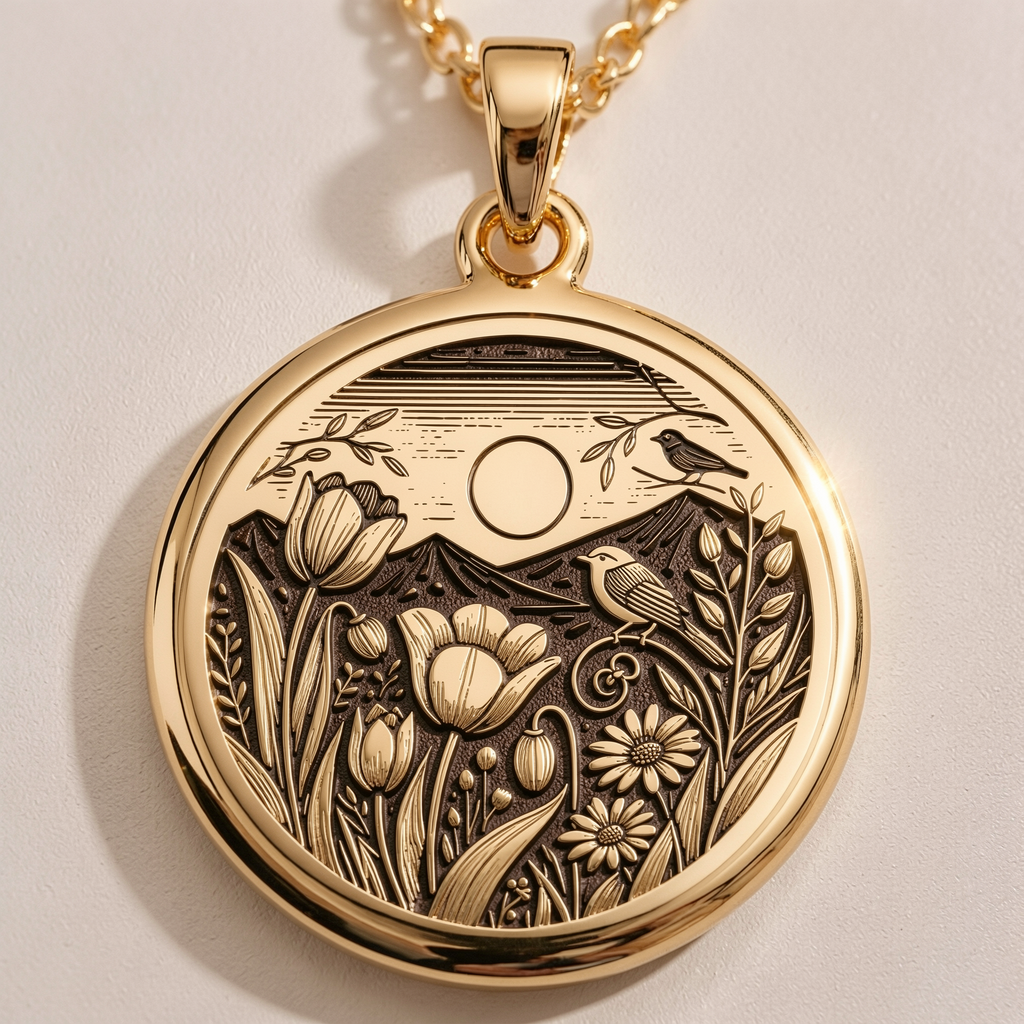 Botanical Nature Scene Medallion Pendant Pendants 14K 14K Gold Plated round pendant with detailed floral and bird illustration necklace